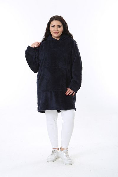 Şans Women's Plus Size Navy Blue Hooded Plush Sweatshirt 65N38573
