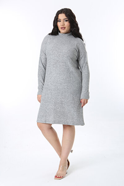Şans Жіноче велике розмір Сірий м'який матеріал Без коміра Довгі рукави Сукня 65N38591