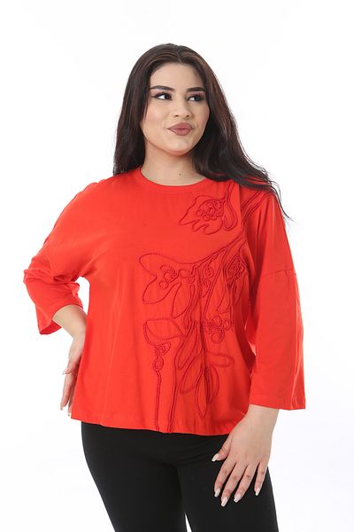 Şans Women's Plus Size Red Suzine Embroidery Blouse 65N38643