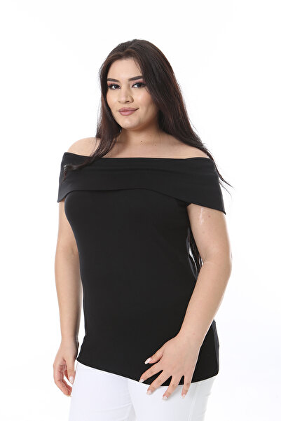 Şans Women's Plus Size Black Madonna Collar Lycra Blouse 65N38544