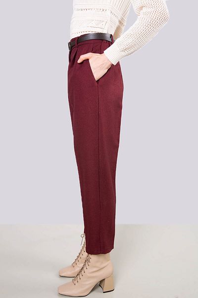 NİLİST High Waist Belted Carrot Fabric Trousers - Claret Red
