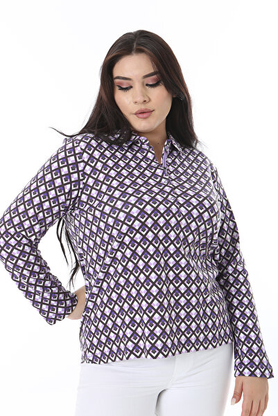 Şans Women's Plus Size Purple Front Placket Button Shirt Collar Lycra Blouse 65N38641