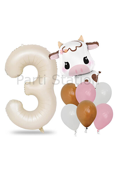 Parti Station Safari Konsept Sevimli İnek ve Krem Renk Rakam Balon 1 Yaş Set ...