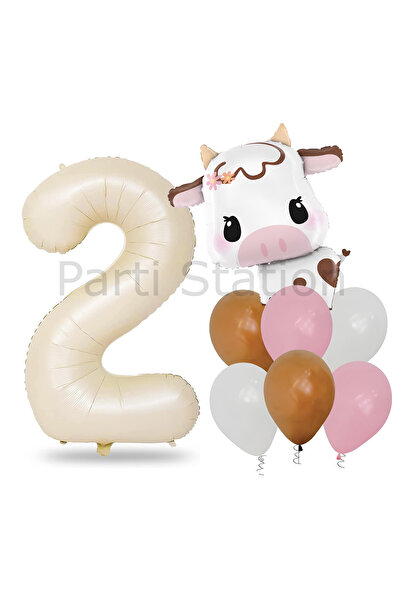 Parti Station Safari Konsept Sevimli İnek ve Krem Renk Rakam Balon 1 Yaş Set ...