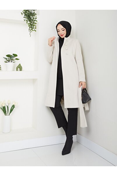 Dabenti women style Kadın Balıksırtı Taşkrem Kuşaklı Kaşe Kaban