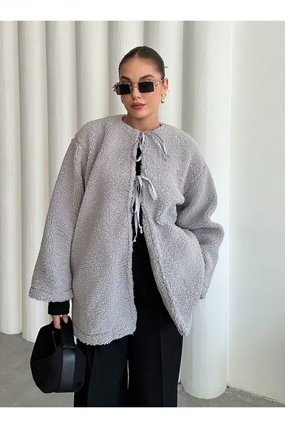 Laluvia Γκρι δέσιμο μπροστινό Teddy Jacket-7328