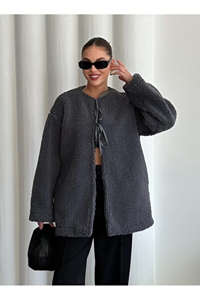 Laluvia Anthracite Front Tie Teddy Jacket-7328