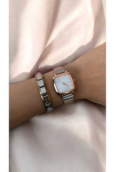 DARK BLANC ساعة يد نسائية موديل مربع عتيق باللون الفضي والذهبي الوردي