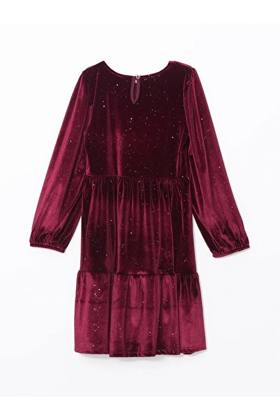 LC Waikiki Lcw Kids Burgundy Crew Neck Velvet Girls' Dress