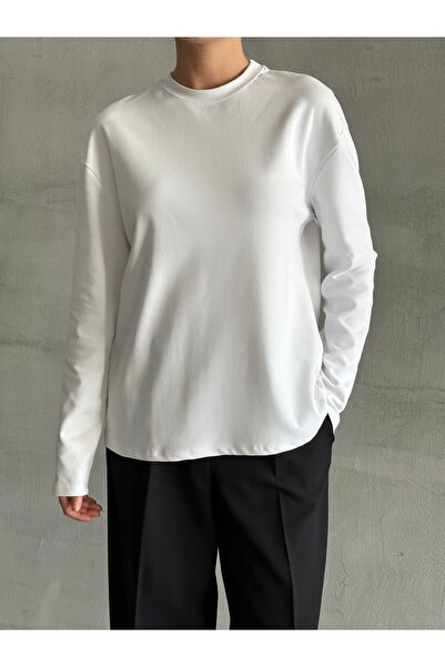 Laluvia Weißes, langärmliges, breites T-Shirt – 24151