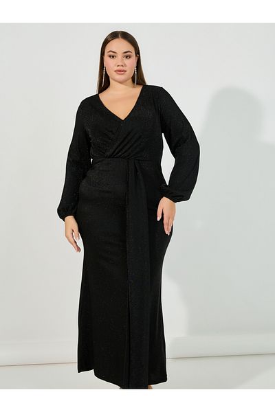 Styli Plus Size Glitter Look Wrap Front Draped Maxi Dress