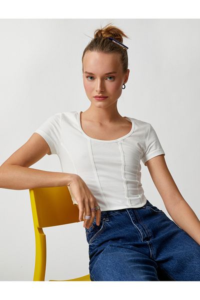 Koton Crop T-Shirt aus Baumwolle, Rundhalsausschnitt, gerippt, kurze Ärmel