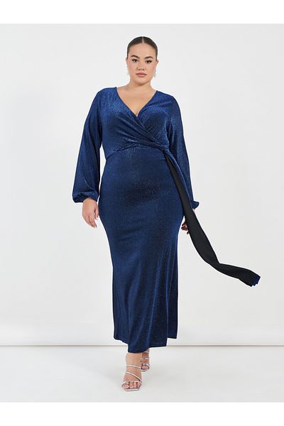 Styli Plus Size Glitter Look Wrap Front Draped Maxi Dress
