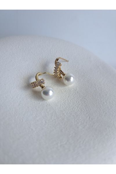 BHR AKSESUAR Gold Zircon Stone Pearl Earrings
