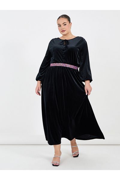 Styli Plus Size Embroidered Waistband Velvet Look Maxi Dress