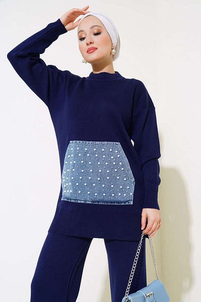 AVSARWEAR Women's Pearl Kangaroo Jeans Pocket Knitwear Tunic