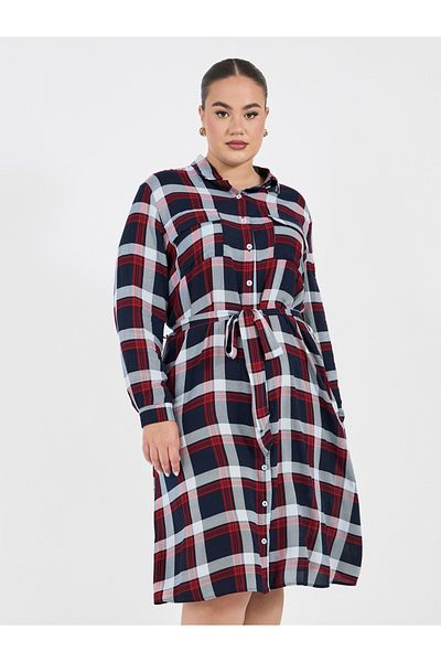 Styli Plus Size Checked Shirt Midi Dress with Tie Belt