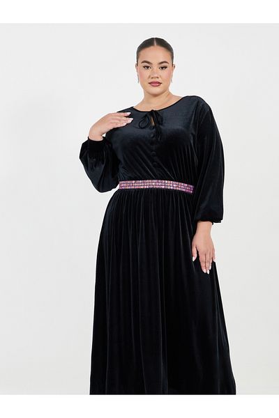 Styli Plus Size Embroidered Waistband Velvet Look Maxi Dress