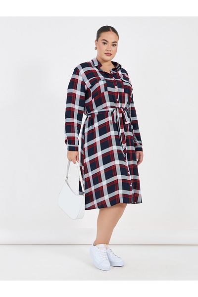 Styli Plus Size Checked Shirt Midi Dress with Tie Belt