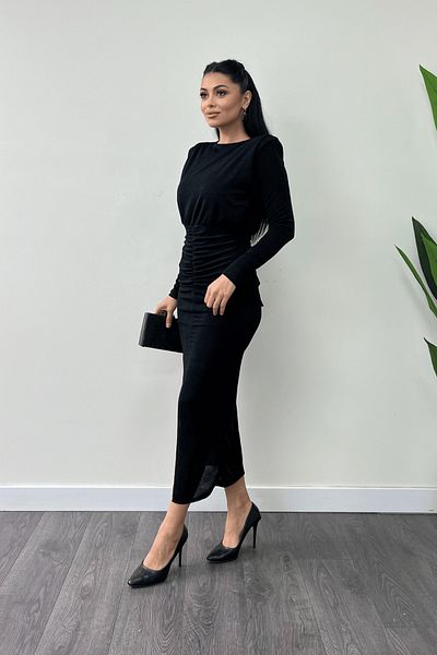 giyimmasalı Jersey Sequined Fabric Gather Detailed Pencil Dress - Black