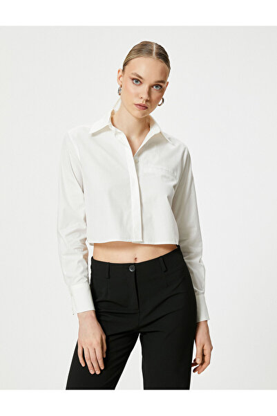 Koton Crop Gömlek Cepli Düğmeli Uzun Kollu Pamuklu