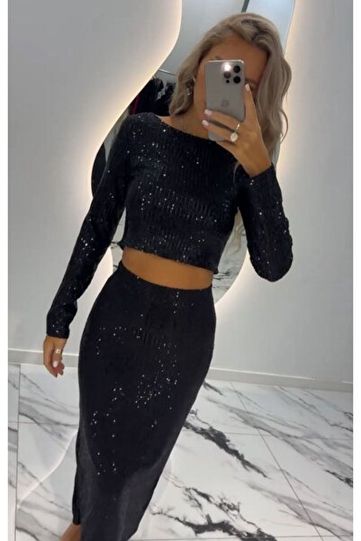 asyadabutik Set de două piese cu paiete cu paiete model ZR cu fustă crop cu design special