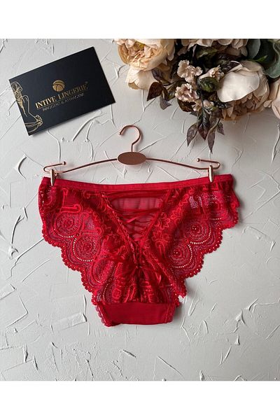 İntive Lingerie Intive Women Red Lace Back and Tie Cut-Out Tulle Fancy Panties