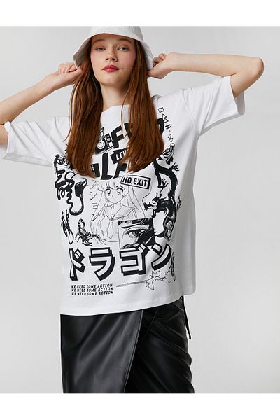 Koton Oversize tričko s krátkým rukávem Dálný východ s potiskem Crew Neck