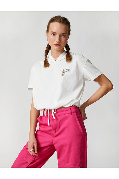 Koton Crop T-Shirt mit Kapuze, bedruckt, kurze Ärmel, gebundene Taille