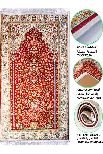 Carpetella Soft Prayer Rug Red Classic Prayer Dowry - with Thick Sponge, Washable (70X120Cm)