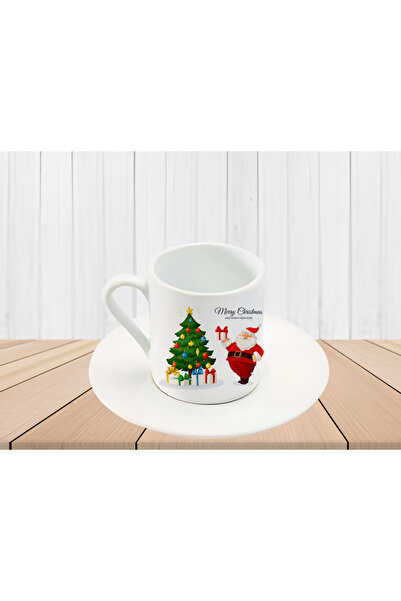 RHG Art NOEL YILBAŞI TEMALI BASKILI KIRMIZI T KULPLU Türk  Kahve Fincanı  100 Ml