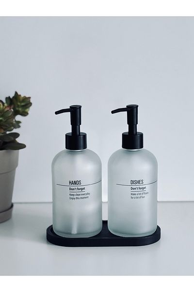 ECO KİTCHEN Set of 2 Black Liquid Soap Dispensers with Wooden Stand - 1000 ml