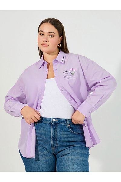 Styli Plus Size Oversized Shirt with Embroidered Collar Detail
