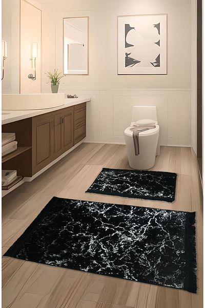 FeelHome Σετ 2 Super Luxury Glitter Χαλάκια Μπάνιου - Αντιολισθητική Βάση Saudiy, Μαύρο & Ασημί