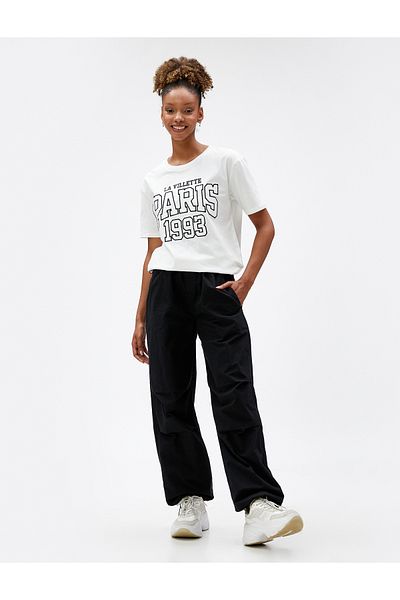 Koton Crew Neck T-Shirt Short Sleeve Slogan Embroidered Cotton