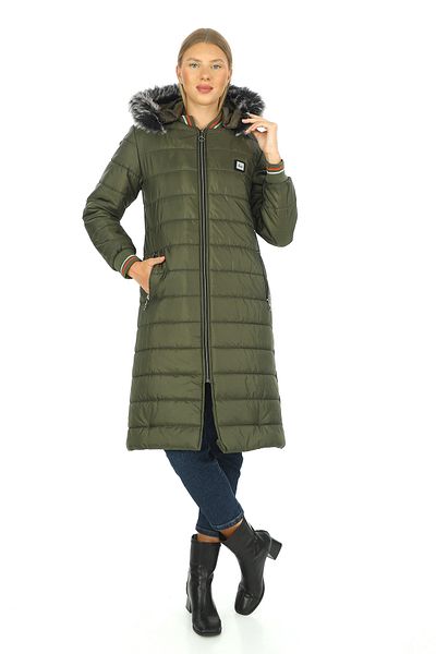 Dabenti women style Women's Khaki Green Hooded Long Quilted Ribbed Coat