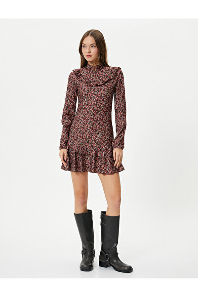 Koton Μίνι λουλουδάτο φόρεμα με βολάν με ψηλό γιακά με μακρυμάνικη γραμμή