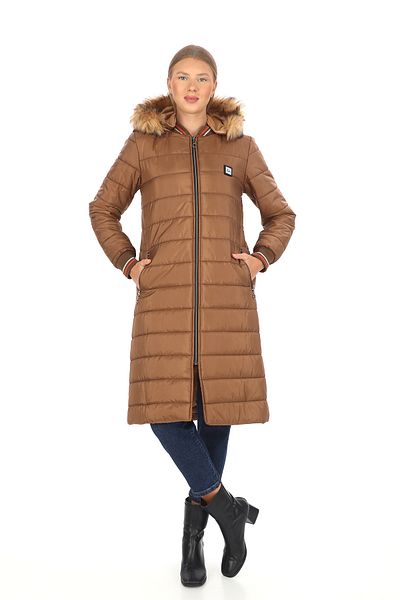 Dabenti women style Women's Tan Hooded Long Quilted Ribbed Coat