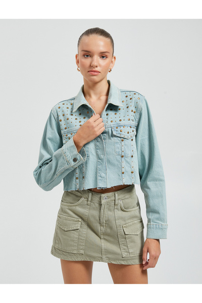 Koton Crop τζιν μπουφάν Βαμβακερό συρραπτικό Λεπτομερείς διπλές τσέπες