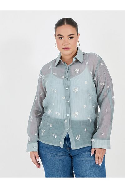 Styli Plus Size Embroidered Shirt with Roll-Up Sleeves