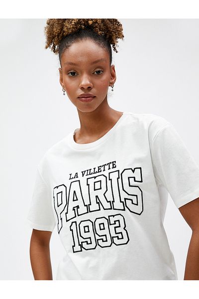 Koton Crew Neck T-Shirt Short Sleeve Slogan Embroidered Cotton