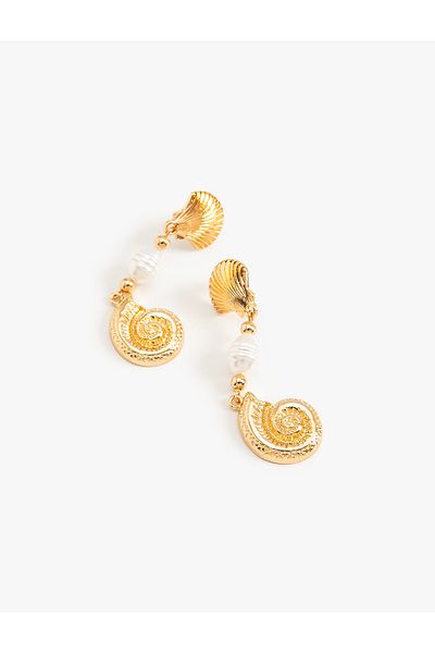Koton Medium Size Seashell Earrings - Pearl Detailed