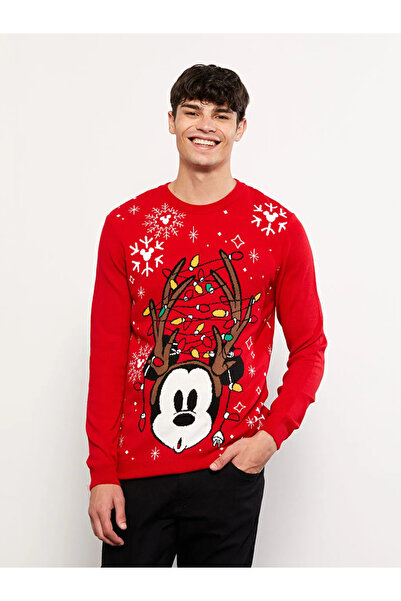 LC Waikiki Lcw Casual Red Crew Neck Long Sleeve Christmas Themed Men's Knitwe...