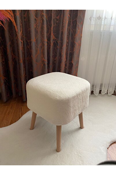 Bounteous Kare Kesim Ahşap Ayaklı Teddy Kumaş Dekoratif Beyaz Renk Puf