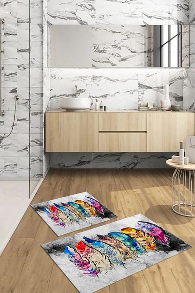 Viyana Home Covoraș de baie floral lavabil, antiderapant, digital, set de 2 covoare pentru toaletă, WC-128-COLOR