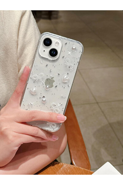 KVK PRİVACY Apple Iphone 15 Uyumlu Kılıf Inci Kalpli Fiyonk Şeffaf Kılıf Siml...