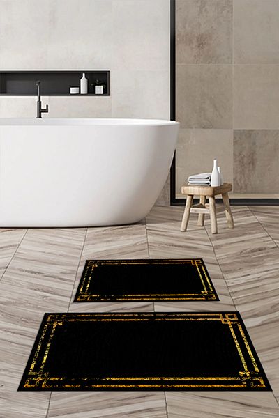 Viyana Home Printed Non-Slip Washable Framed Bath Mat 2-Piece Toilet Set Carpet, Toilet-106-Gold,
