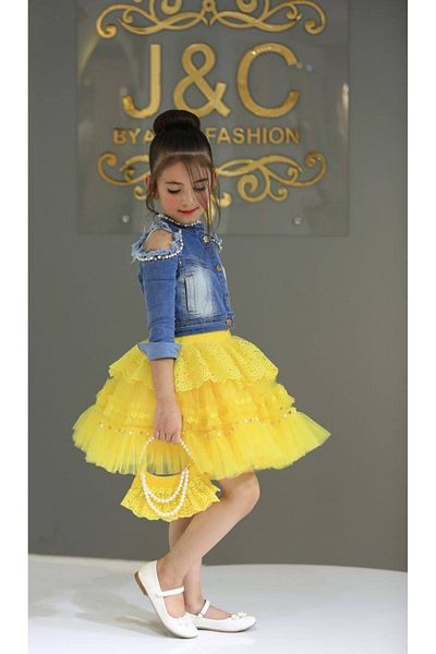 Ribbon kids Детайлно дънково яке, блуза и чанта от 4 части, дантелена пола и верижка за момиче за момиче