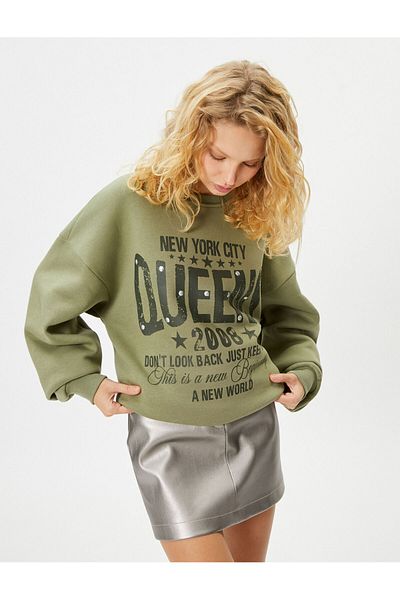 Koton College Printed Sweatshirt Long Sleeve Crew Neck Stone Detailed