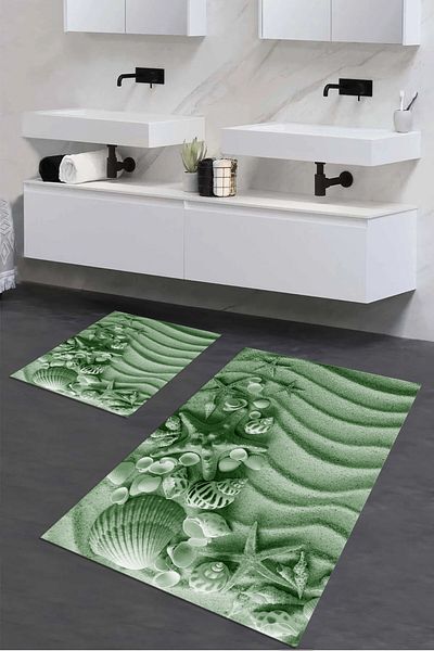 Viyana Home Дигитално отпечатана 3D противоплъзгаща се постелка за баня, която може да се пере, комплект от 2 тоалетни чинии, килим, TOILET-123-GREEN,